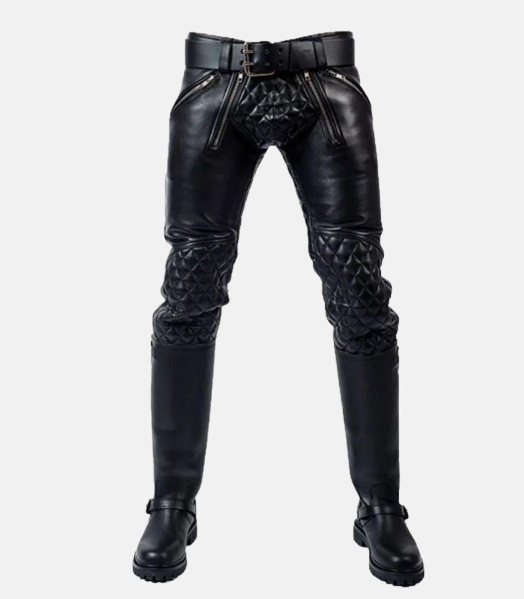 Handmade Men’s Black Leather Quilted Pants With Dual Zipper Closure