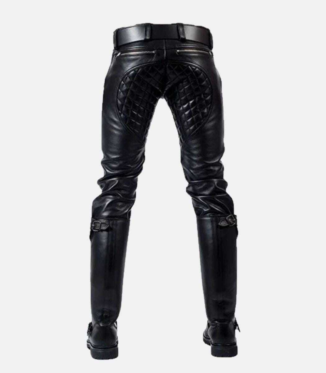 Handmade Men’s Black Leather Quilted Pants With Dual Zipper Closure
