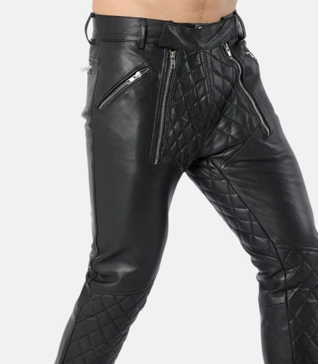 Handcrafted Men’s Black Leather Quilted Pants With Dual Zipper Closure