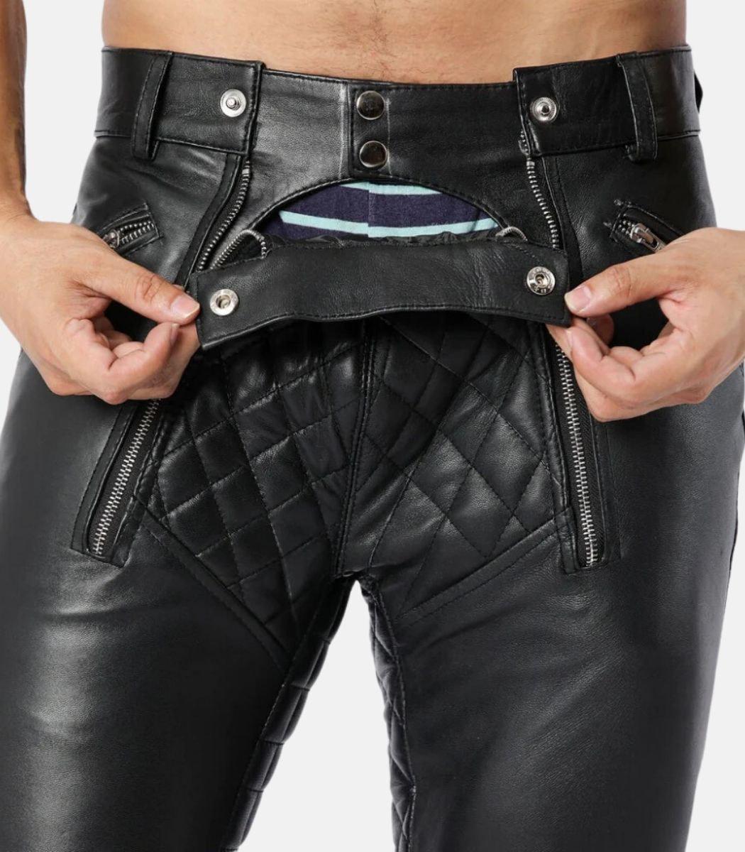 Handcrafted Men’s Black Leather Quilted Pants With Dual Zipper Closure