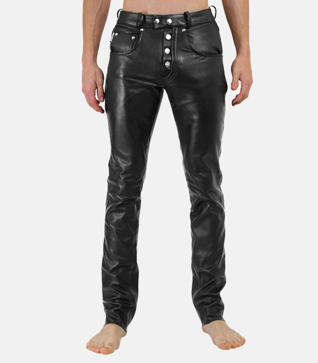 Handcrafted Men’s Black Leather Pants With Button Placket Closure