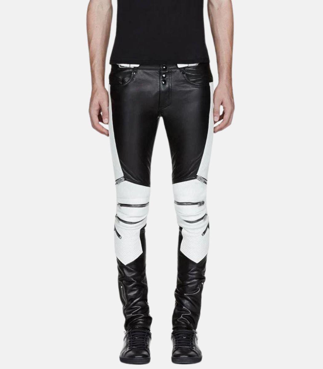 Handmade Black Leather Pants for Men with White Contrast