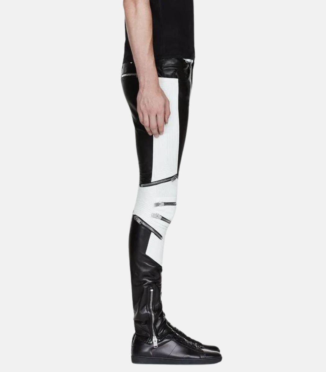 Handmade Black Leather Pants for Men with White Contrast