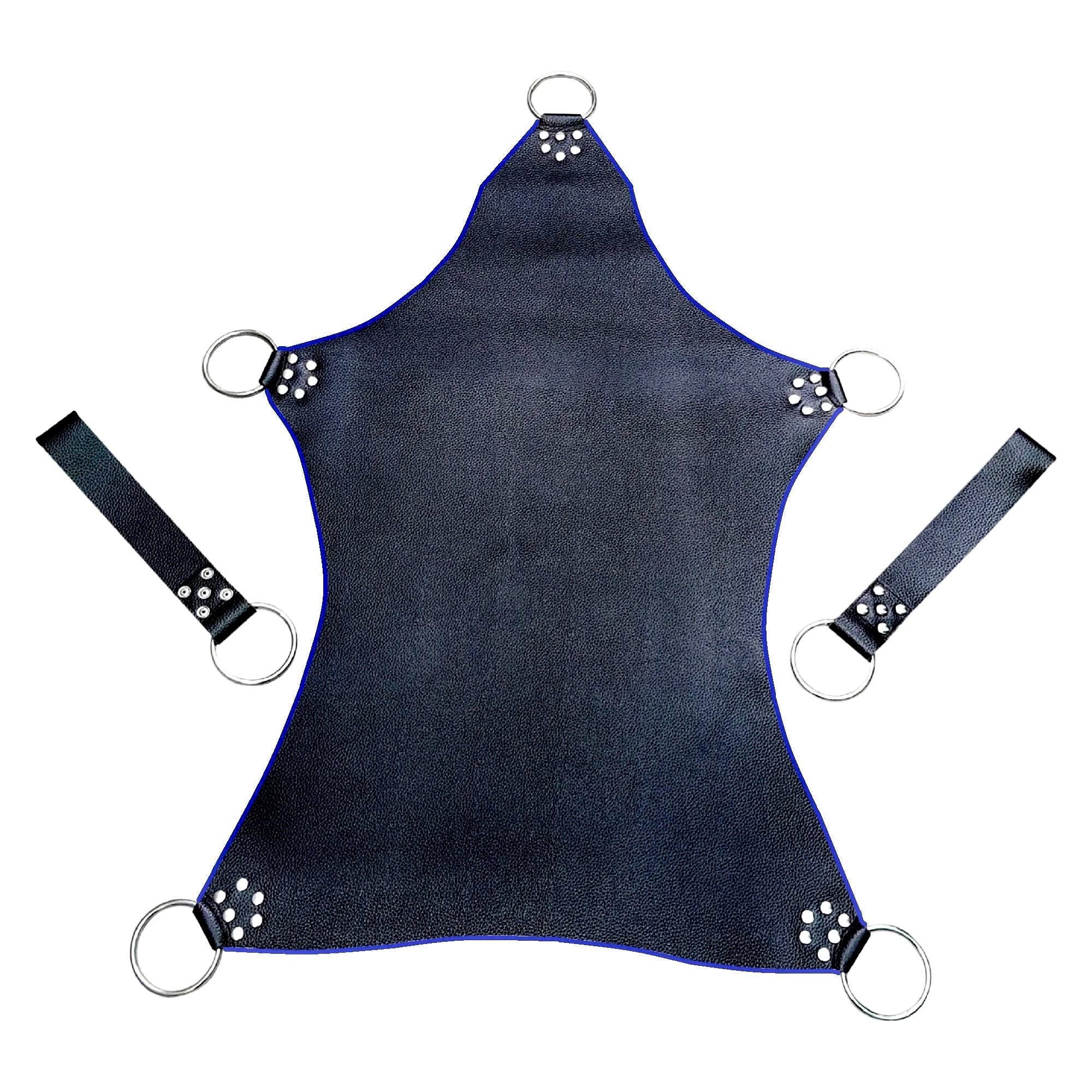 Handmade Leather Sex Swing, Adult Sex Sling, Bondage Swing, Sex Hammock, Leather Swing Stirrups Mountable with blue and red piping