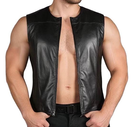 Handmade Genuine Real Sheep Lambskin Leather Black Vest Biker Vest For Men's Front Zipper Vest Round Neck Leather Steampunk Vest