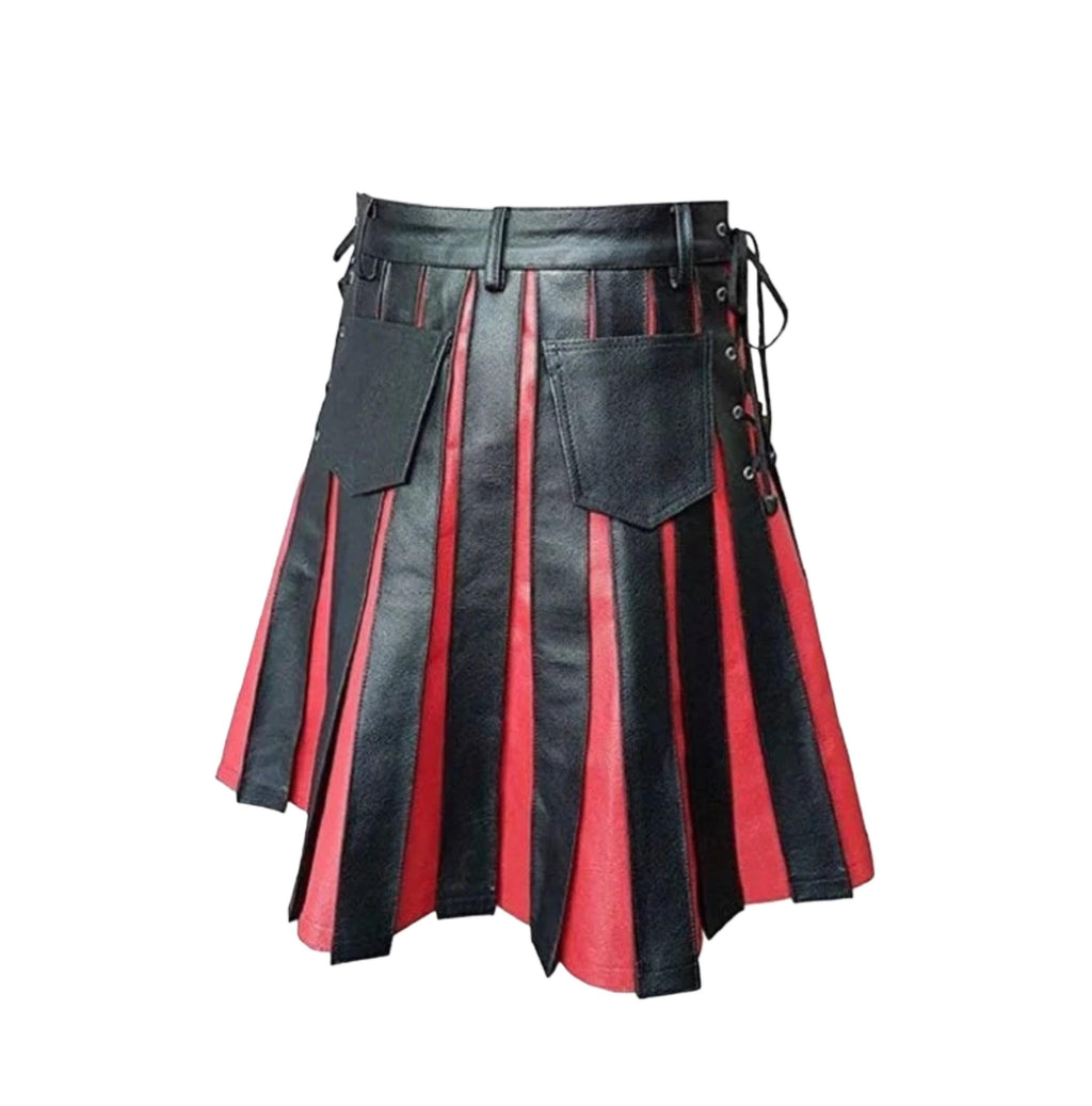 Genuine Black & Red Leather Gladiator Pleated Utility Kilt for Men