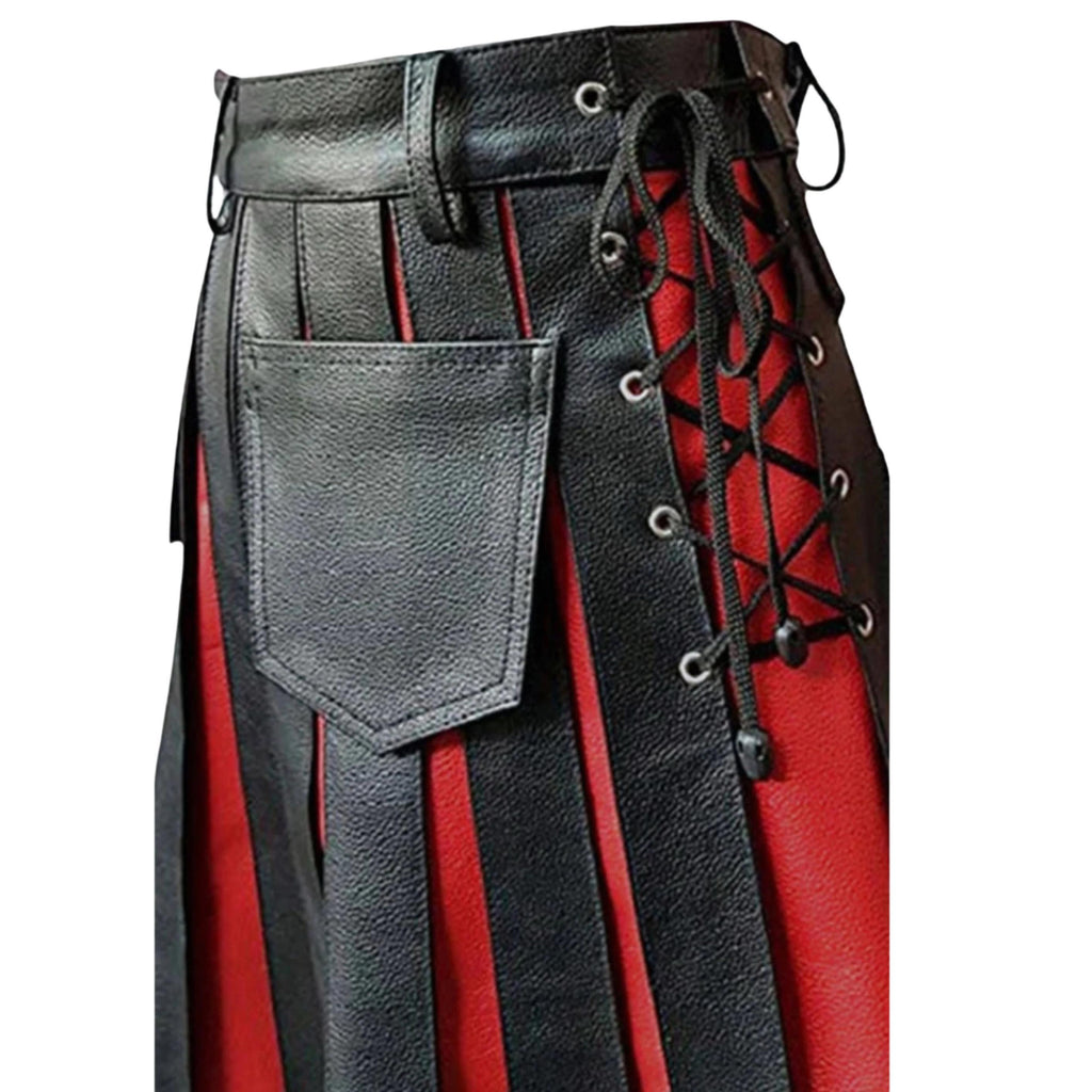 Genuine Black & Red Leather Gladiator Pleated Utility Kilt for Men