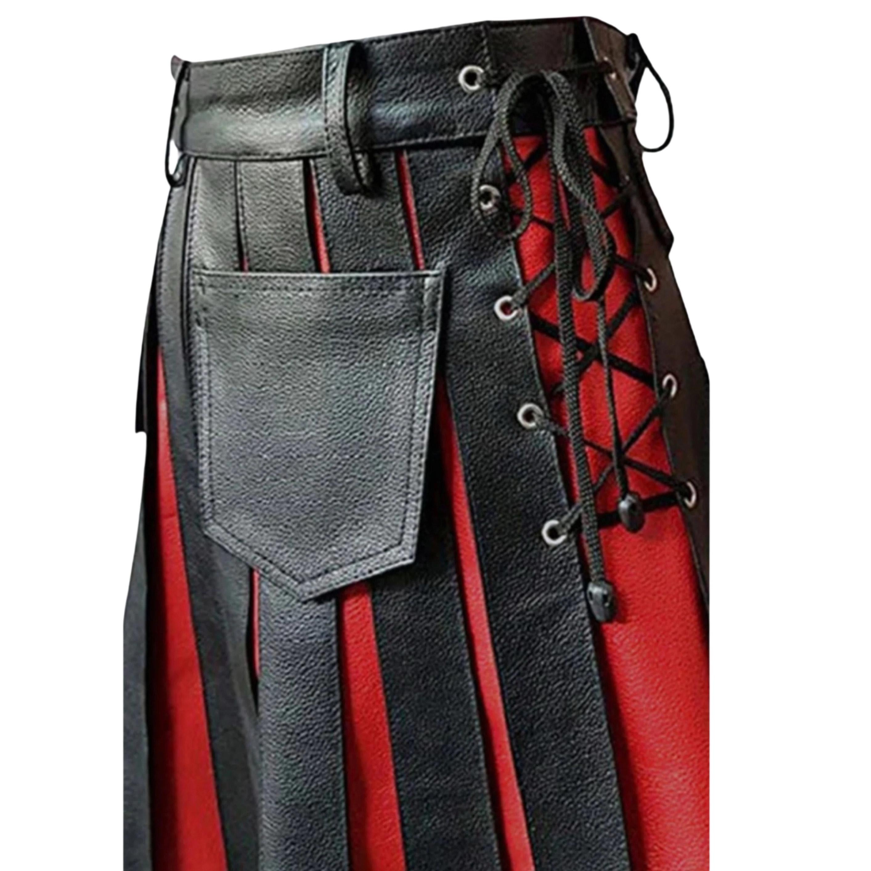 Genuine Black & Red Leather Gladiator Pleated Utility Kilt for Men