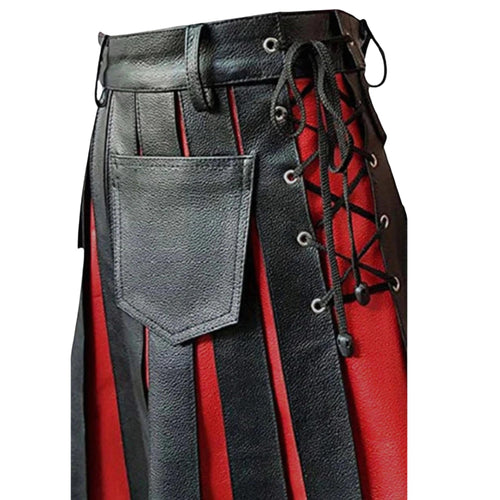 Genuine Black & Red Leather Gladiator Pleated Utility Kilt for Men