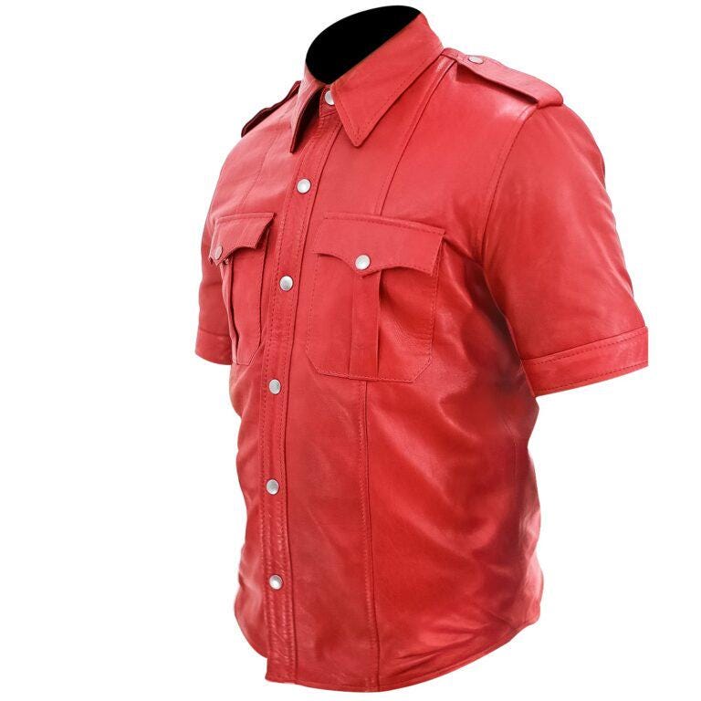 Mens Police Uniform Red Leather shirt