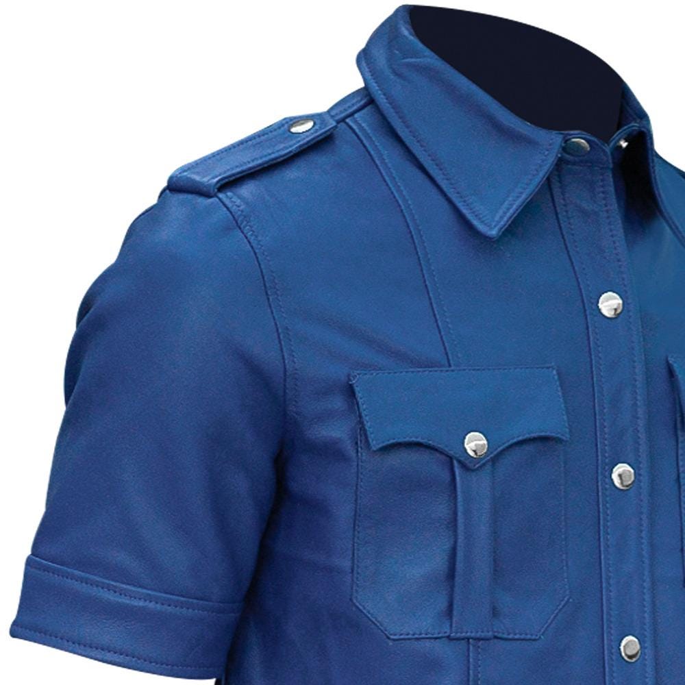 Mens Police Uniform Blue Leather Jacket shirt