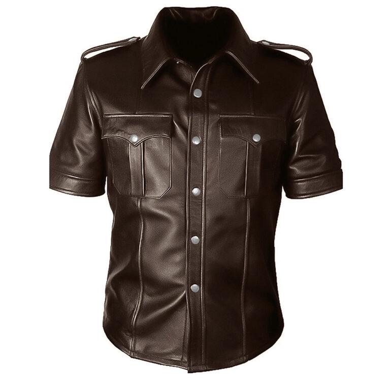 Mens Brown Police Uniform Leather shirt