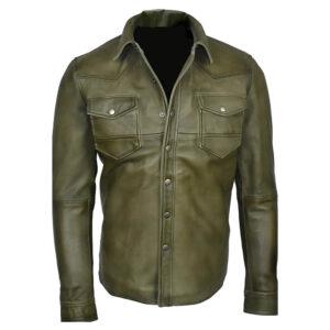 Mens Police Olive Green Leather Jacket