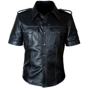 Mens Police Uniform Leather Shirt Jacket