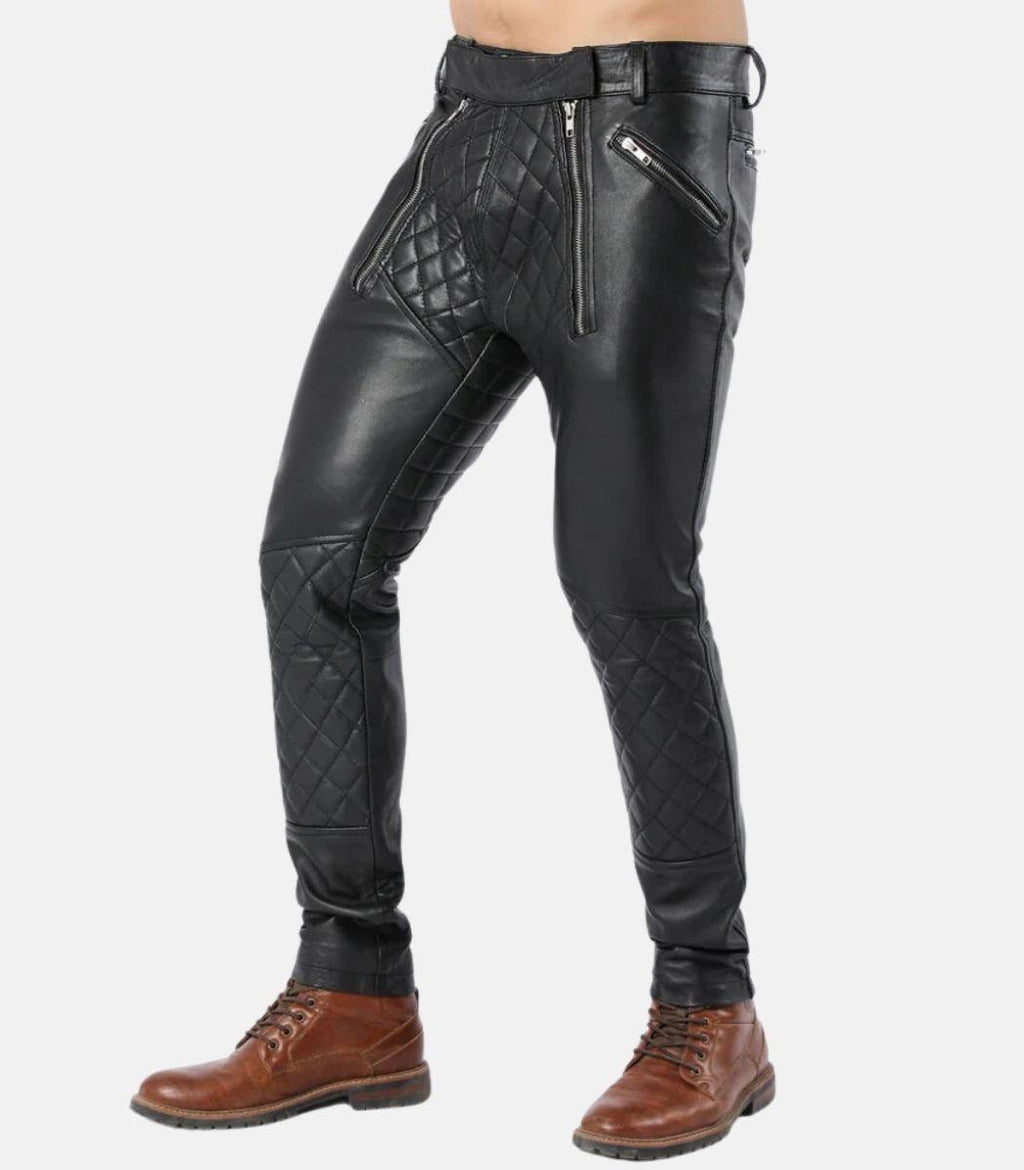 Handcrafted Men’s Black Leather Quilted Pants With Dual Zipper Closure