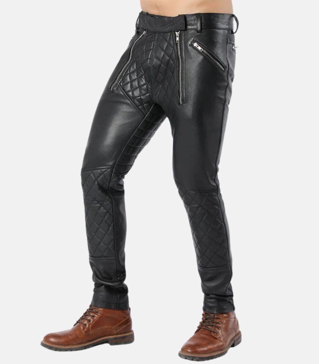 Handcrafted Men’s Black Leather Quilted Pants With Dual Zipper Closure