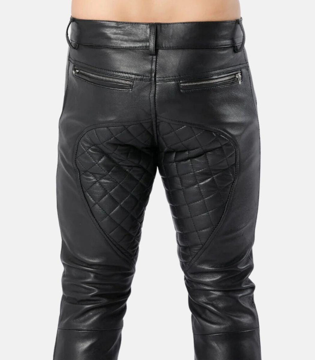 Handcrafted Men’s Black Leather Quilted Pants With Dual Zipper Closure