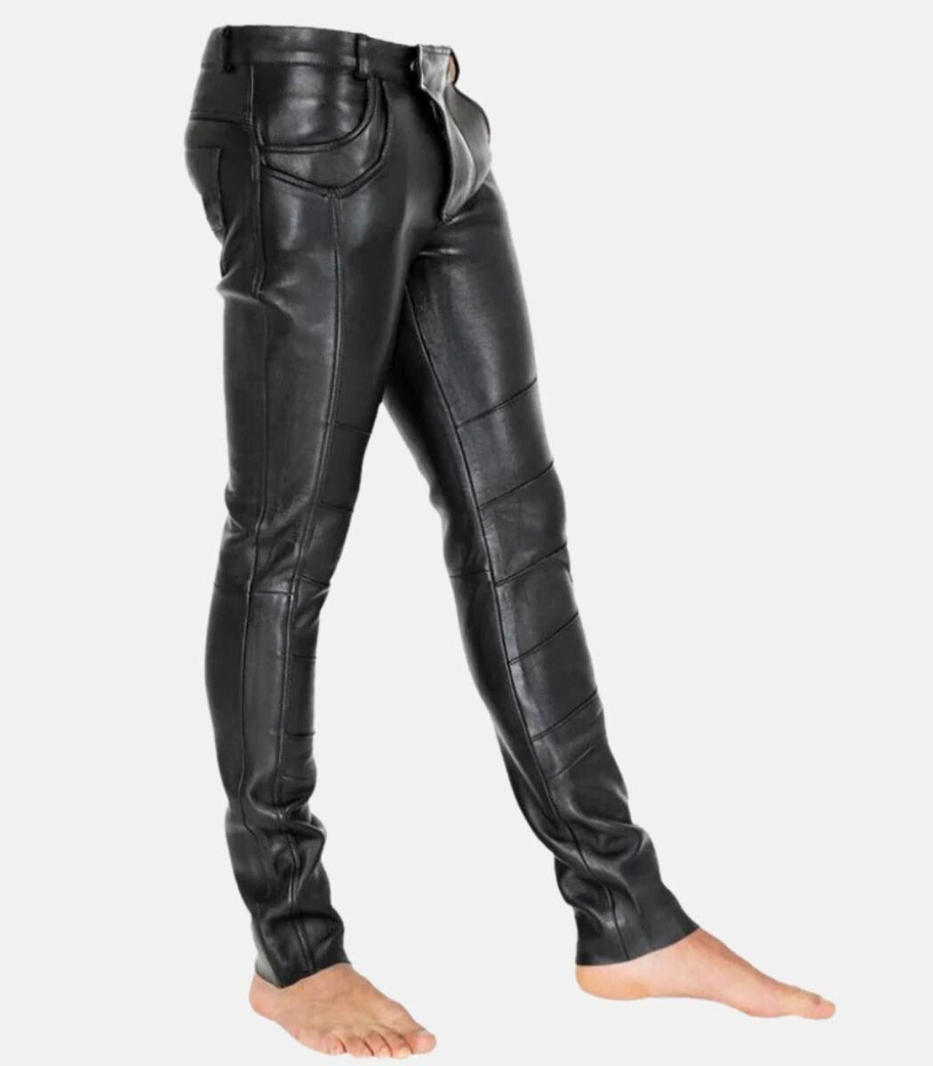 Handcrafted Men’s Black Leather Pants with flap closure