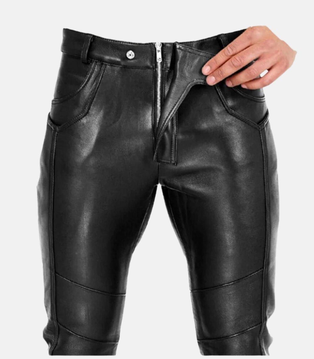 Handcrafted Men’s Black Leather Pants with flap closure