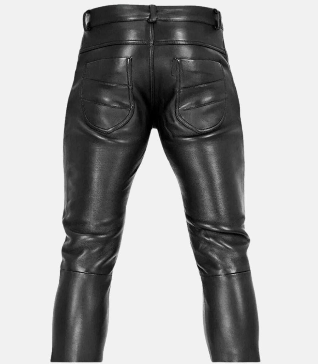 Handcrafted Men’s Black Leather Pants with flap closure