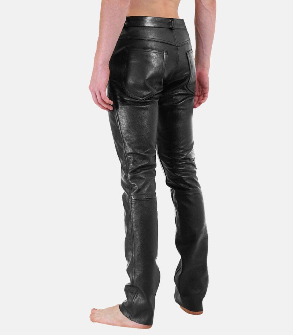 Handcrafted Men’s Black Leather Pants With Button Placket Closure