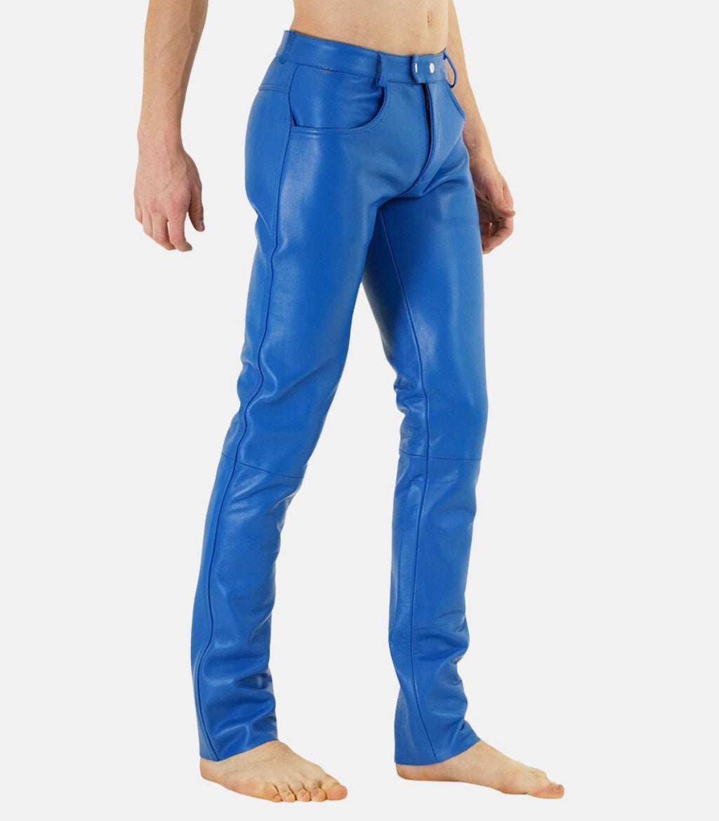 Handmade Blue Sheep Leather Pants For Men With Zipper Closure