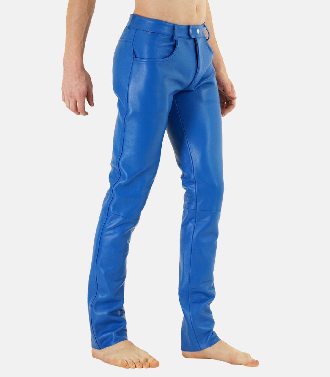 Handmade Blue Sheep Leather Pants For Men With Zipper Closure