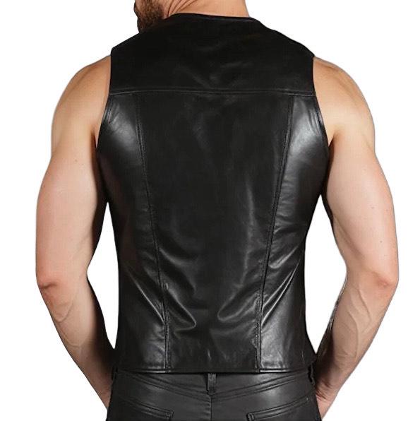 Handmade Genuine Real Sheep Lambskin Leather Black Vest Biker Vest For Men's Front Zipper Vest Round Neck Leather Steampunk Vest