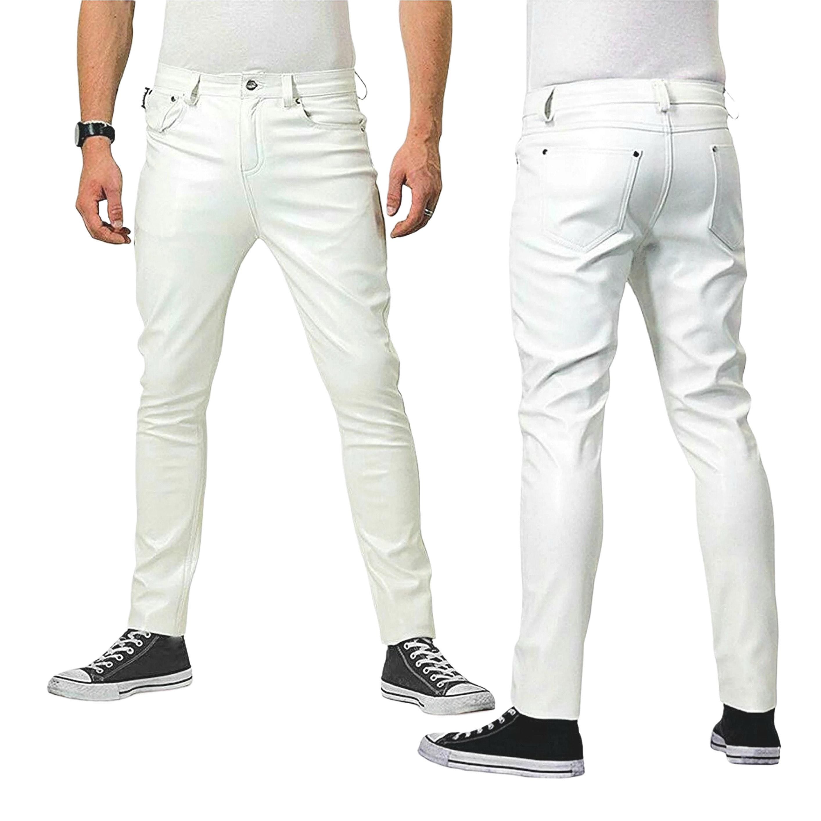 Genuine Leather Men White Cargo Pants/Trousers: Slim Fit Lambskin Leather Pants for Men