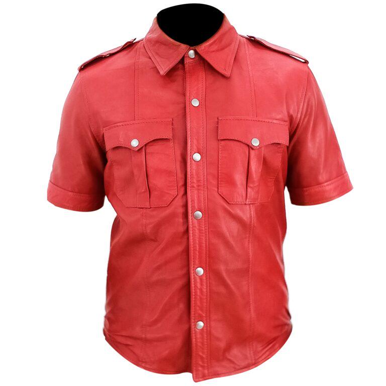 Mens Police Uniform Red Leather shirt