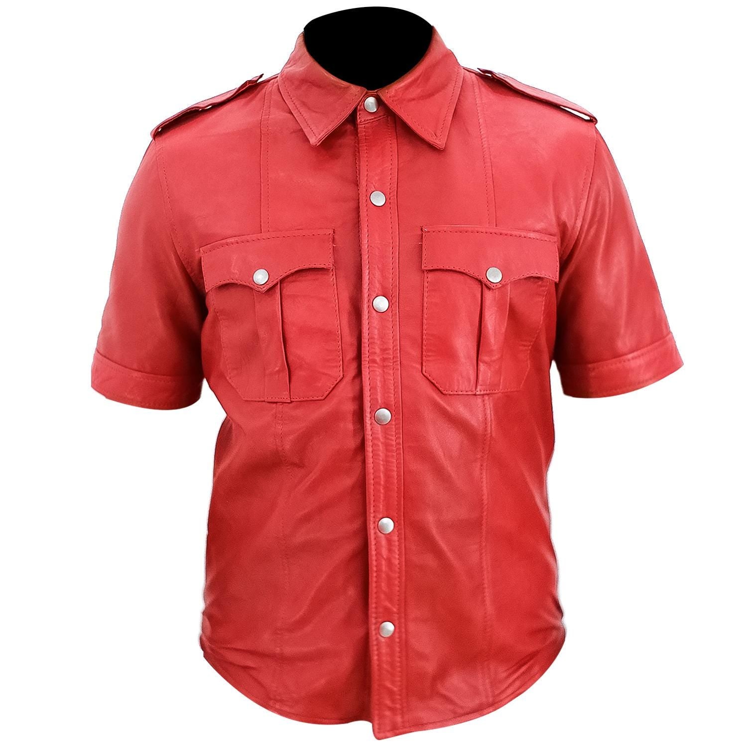Mens Police Uniform Red Leather shirt