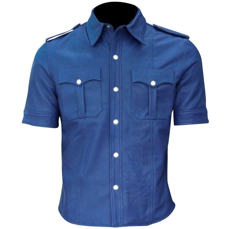 Mens Police Uniform Blue Leather Jacket shirt