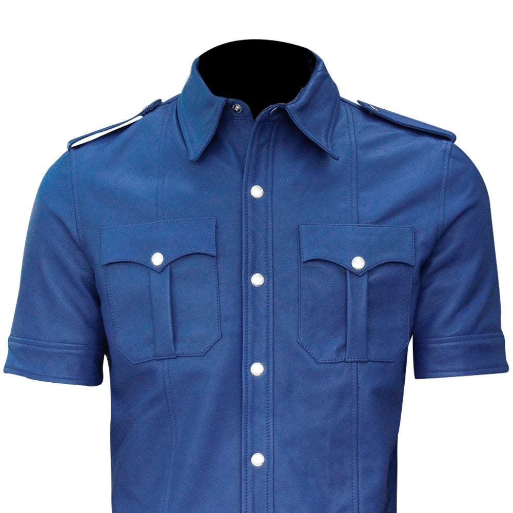 Mens Police Uniform Blue Leather Jacket shirt