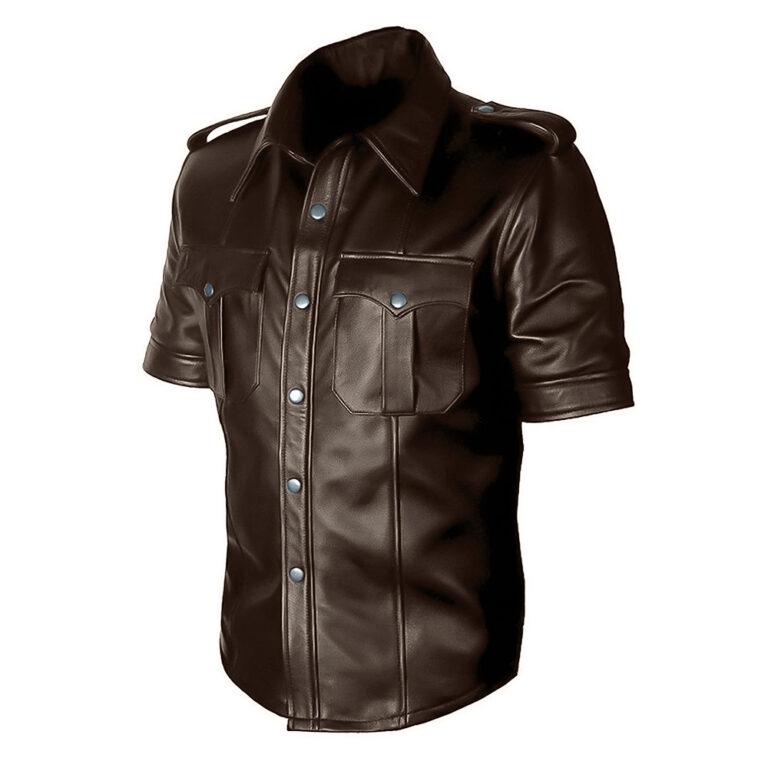 Mens Brown Police Uniform Leather shirt