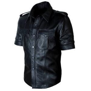 Mens Police Uniform Leather Shirt Jacket