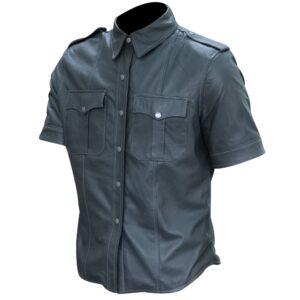 Handmade Original Leather Men Sexy Police Uniform Leather Shirt.