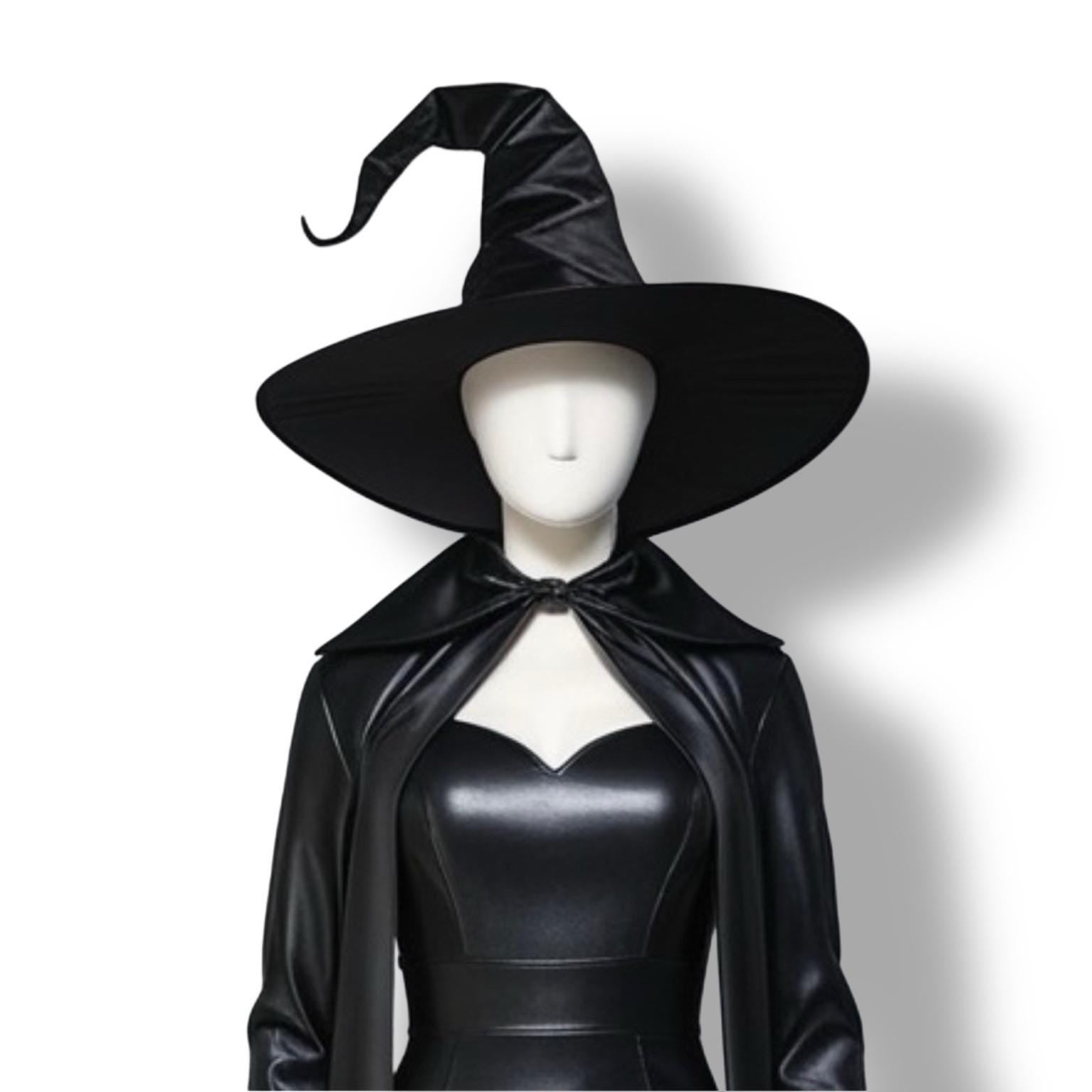 Gothic Black Leather Cloak & Witch Hat Set | Custom-Fit Halloween Costume