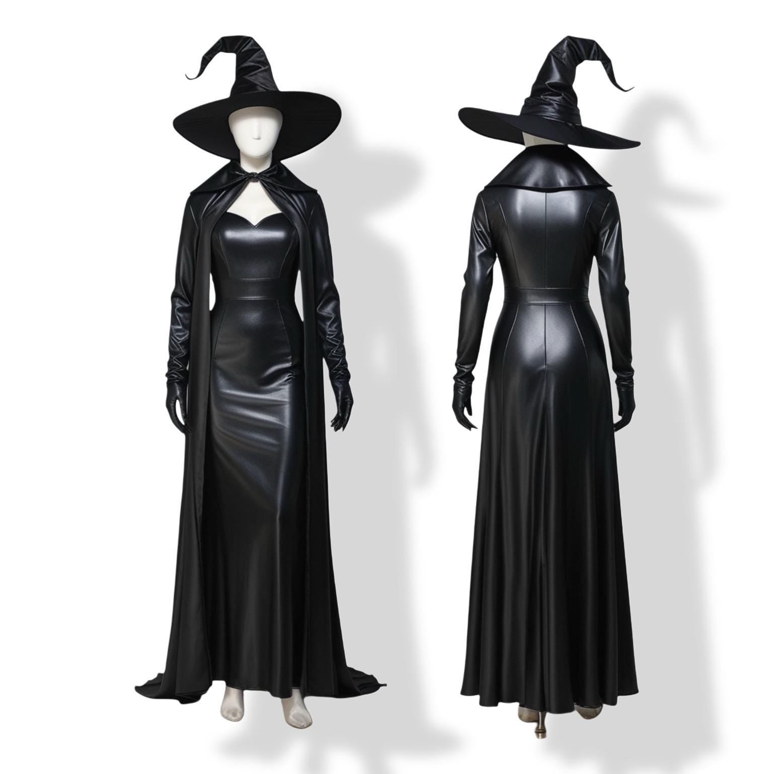 Gothic Black Leather Cloak & Witch Hat Set | Custom-Fit Halloween Costume