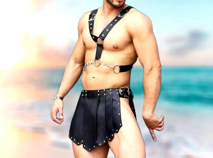 New Design Genuine Leather Kilt Harness Handmade Stylish Leather Cosplay Costume Gladiator Kilt With Chest Harness